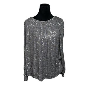 Grey All Over Sequin Blouse Top Women's L Lined Cuff Sleeves Holiday Glamour L